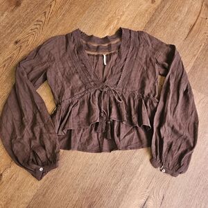 Free People Brown Ruffled Cropped Blouse XS